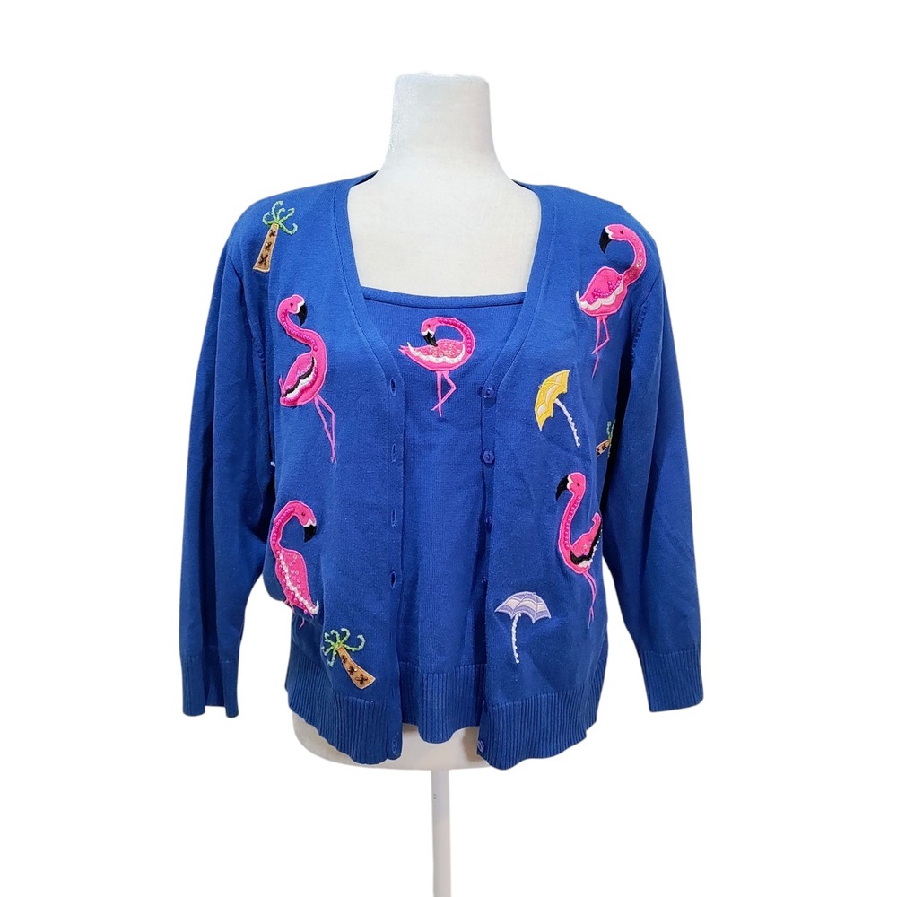Jack B Quick Royal Blue Flamingo & Palm Tree‎ Embroidered Cardigan Tank Set XL